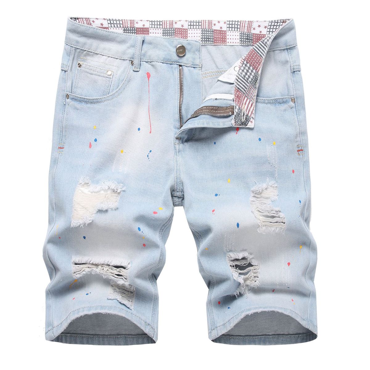 Men's Distressed Denim Shorts With Rip And Bleach Effects, Light Blue Casual Cargo Pocket Knee-Length Shorts For Street Style_mkmklike.com