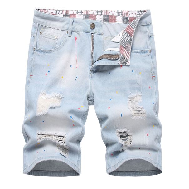 Men's Distressed Denim Shorts With Rip And Bleach Effects, Light Blue Casual Cargo Pocket Knee-Length Shorts For Street Style_mkmklike.com