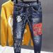 Patchwork Jeans Men's Unique Trendy Vintage Motorcycle Riding Slim Fit Skinny Pants Men_mkmklike.com