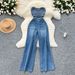 Women's Clothing Chic Internet Celebrity New Design Sense Hollow Sleeveless High Waist Slimming Hole Casual Denim Jumpsuit_mkmklike.com