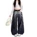 Plus Size Vintage Washed Distressed Jeans For Women - High Waist Loose Fit Wide Leg Pants With Rhinestone Embellishments_mkmklike.com