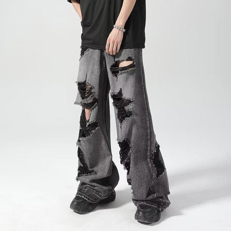 Scratched Holes And Old Black Jeans, Summer Straight Casual Washed Wide-leg Pants, Niche Design Long Pants Men_mkmklike.com
