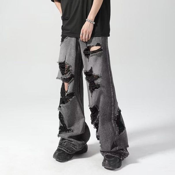 Scratched Holes And Old Black Jeans, Summer Straight Casual Washed Wide-leg Pants, Niche Design Long Pants Men_mkmklike.com