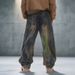 Men’s Loose Fit Straight Leg Jeans – Blue-Green Washed Graffiti Denim With Distressed Details_mkmklike.com