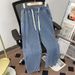 Loose Straight Jeans Men's Elastic Waist Drawstring Design Nine-point Casual Pants Korean Version Simple And Versatile Durable Wear_mkmklike.com