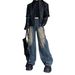 American-style Ripped Yellow Mud-dyed Contrast Color Jeans For Men, Loose Straight High Street Hip-hop Wide-leg Pants_mkmklike.com