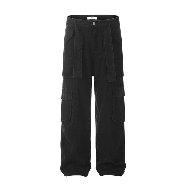 Vibe Trendy Brand Washed Denim Cargo For Men With Three-Dimensional Patch Pockets, Multi-Pocket Loose Wide-Leg Straight_mkmklike.com