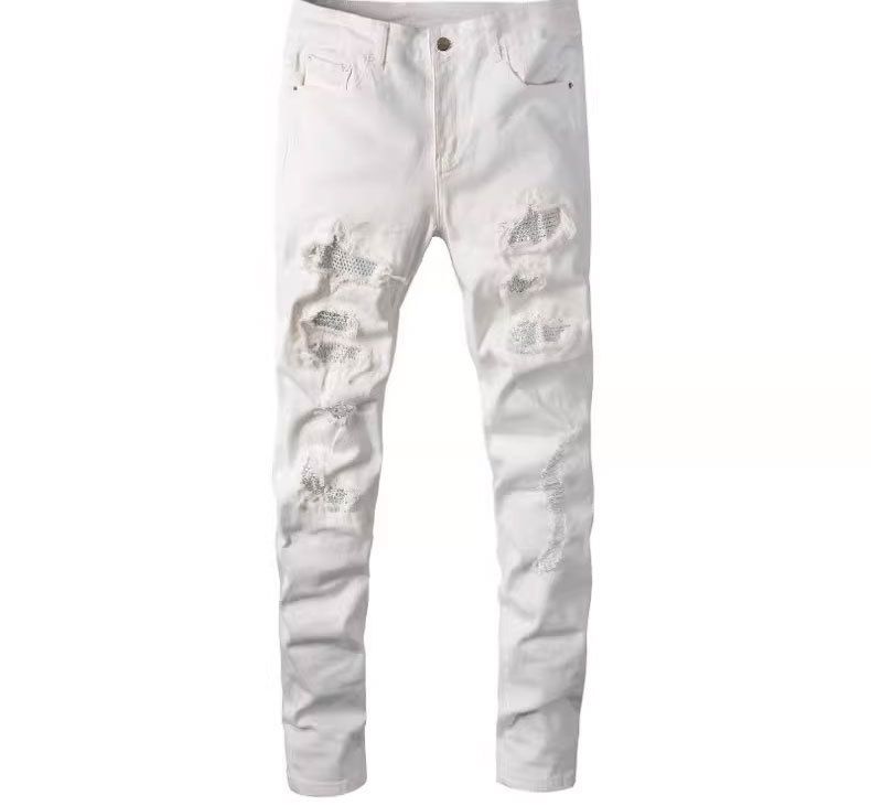 Pulse AM Cross-Border Shin European And American High Street Washed Ripped Patchwork Rhinestone Distressed Jeans For Men_mkmklike.com