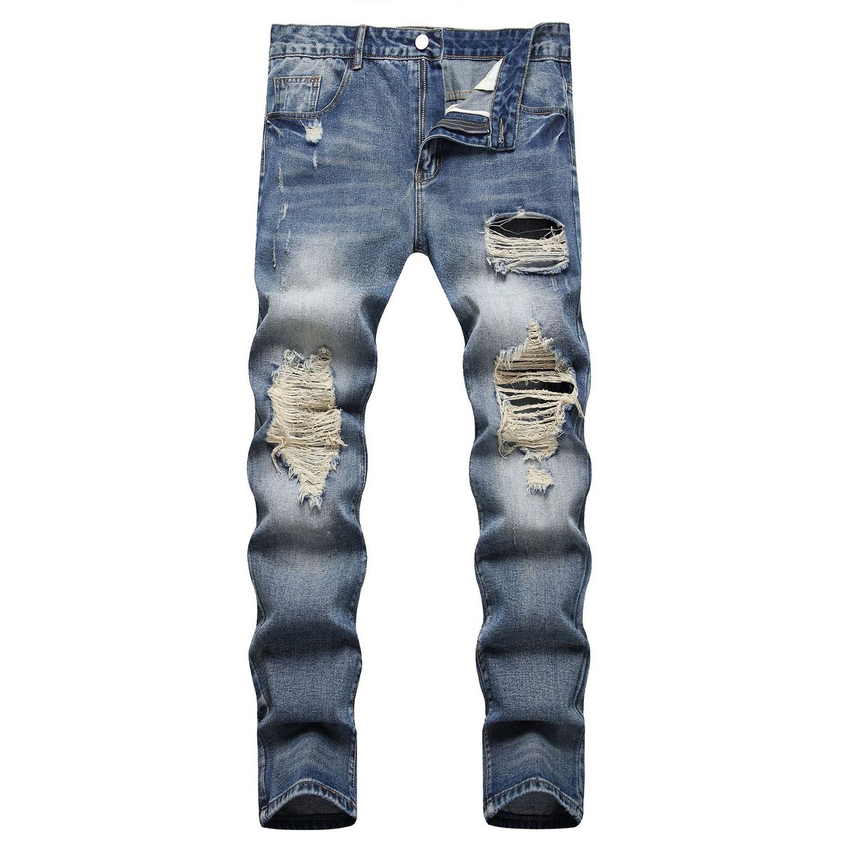 Men's Straight Fit Distressed Jeans - Vintage Washed Denim Pants With Ripped Details (28-40)_mkmklike.com