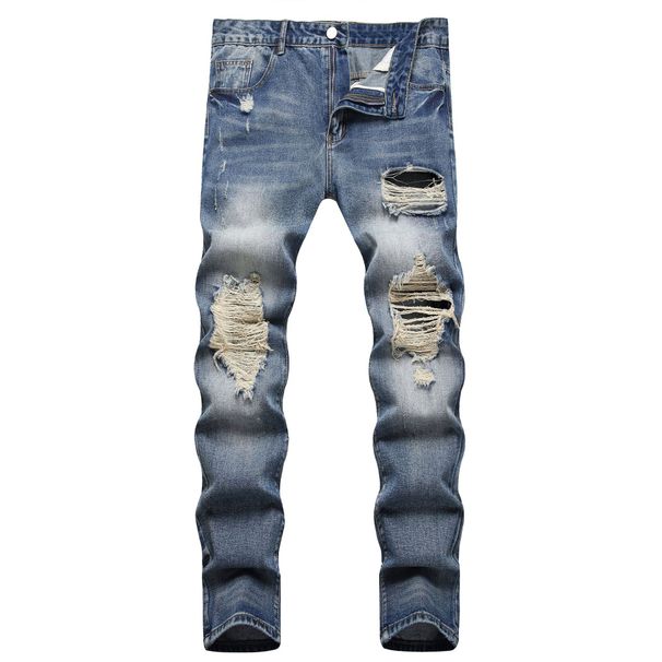 Men's Straight Fit Distressed Jeans - Vintage Washed Denim Pants With Ripped Details (28-40)_mkmklike.com