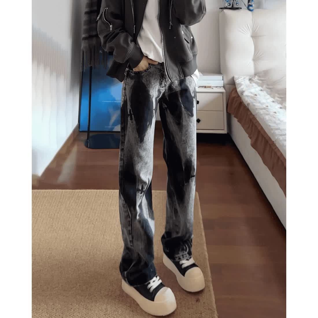 American Tie-dye Jeans Men's Autumn And Winter Design Fleece Pants High Street Vibe Thin Straight And Micro-pull Pants_mkmklike.com