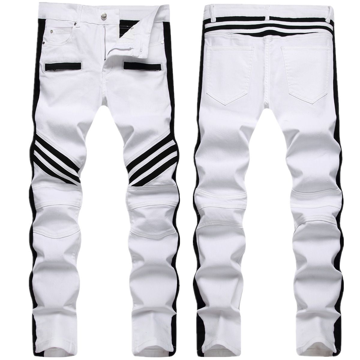 Men's Black & White Slim-Straight Jeans – Streetwear Stretch Denim Pants With Contrast Panel Design & Mid-Rise Fit (28-42)_mkmklike.com