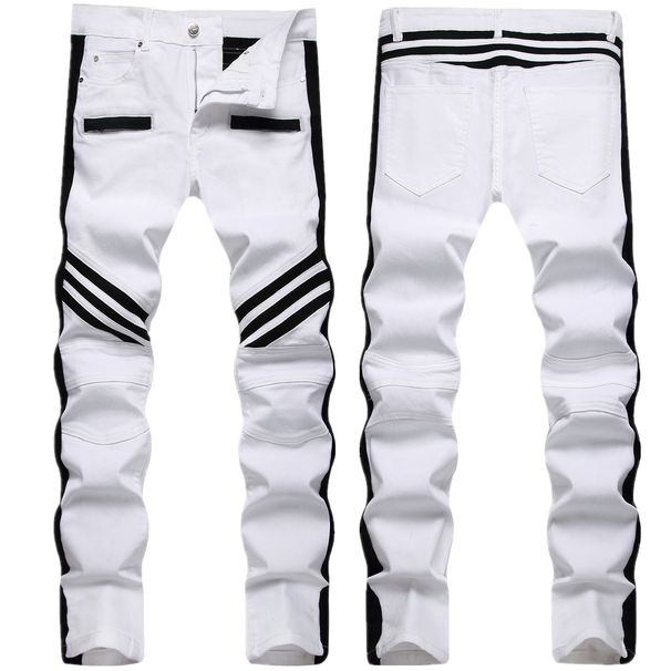 Men's Black & White Slim-Straight Jeans – Streetwear Stretch Denim Pants With Contrast Panel Design & Mid-Rise Fit (28-42)_mkmklike.com