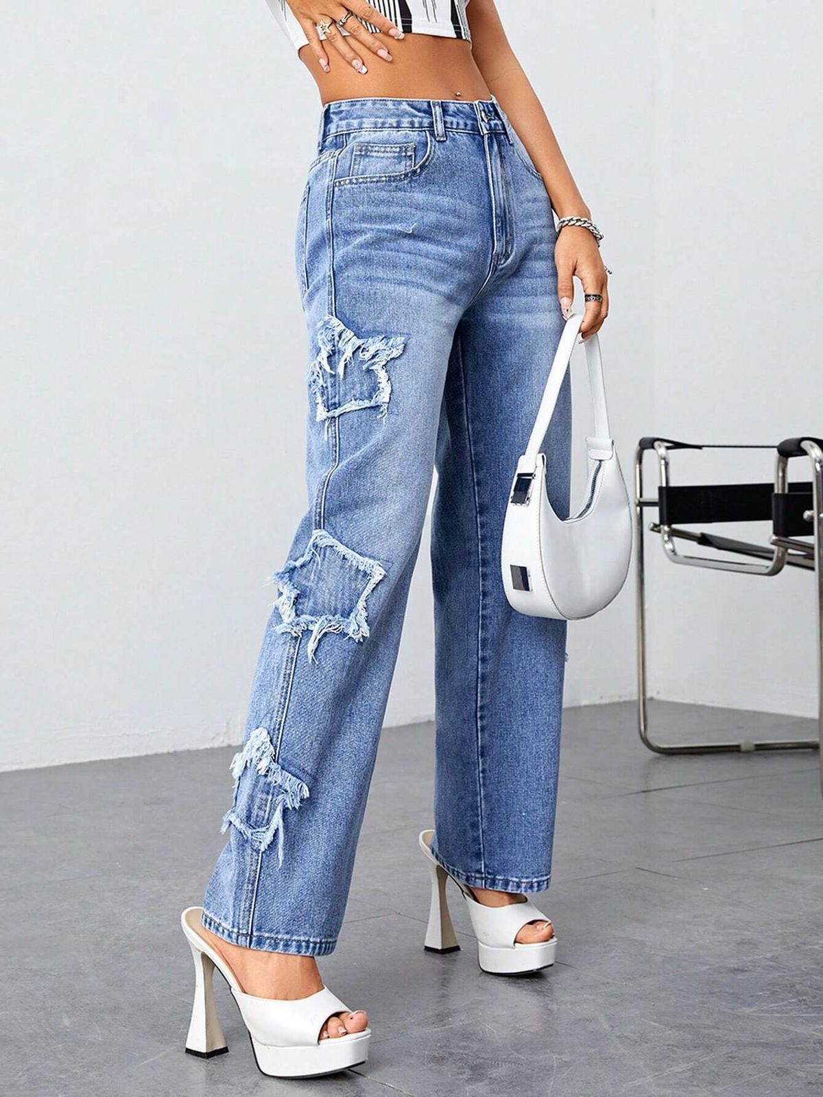 Women's Clothing Worn Jeans Women New Irregular Star High Waist Straight Trousers Washed Jeans_mkmklike.com