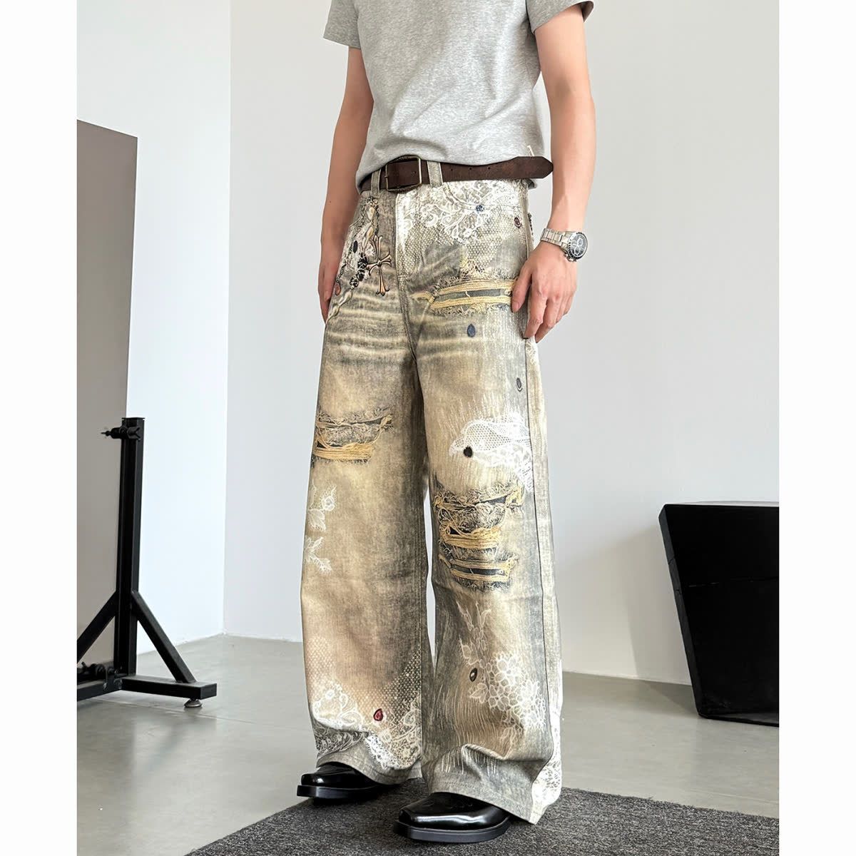 Vintage Washed Distressed 3D Print Jeans - Unisex Baggy Streetwear Denim Pants With Artistic Rips & Wide Leg For Casual Outfits_mkmklike.com