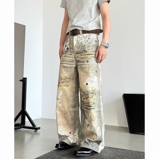 Vintage Washed Distressed 3D Print Jeans - Unisex Baggy Streetwear Denim Pants With Artistic Rips & Wide Leg For Casual Outfits_mkmklike.com