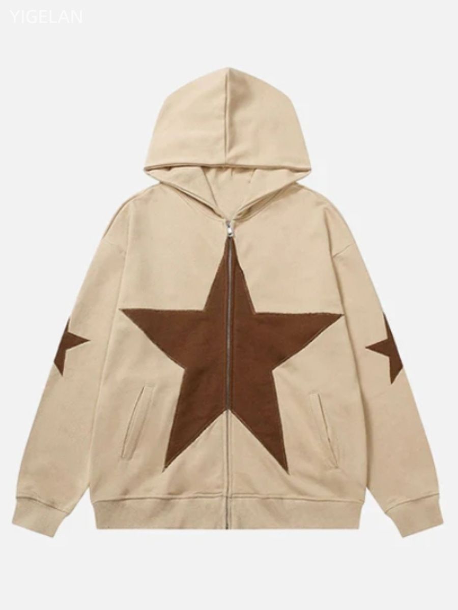 Street oversized loose fitting women's pentagonal star patch embroidered printed hoodie personality zipper sweater men's_mkmklike.com