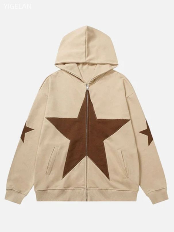 Street oversized loose fitting women's pentagonal star patch embroidered printed hoodie personality zipper sweater men's_mkmklike.com