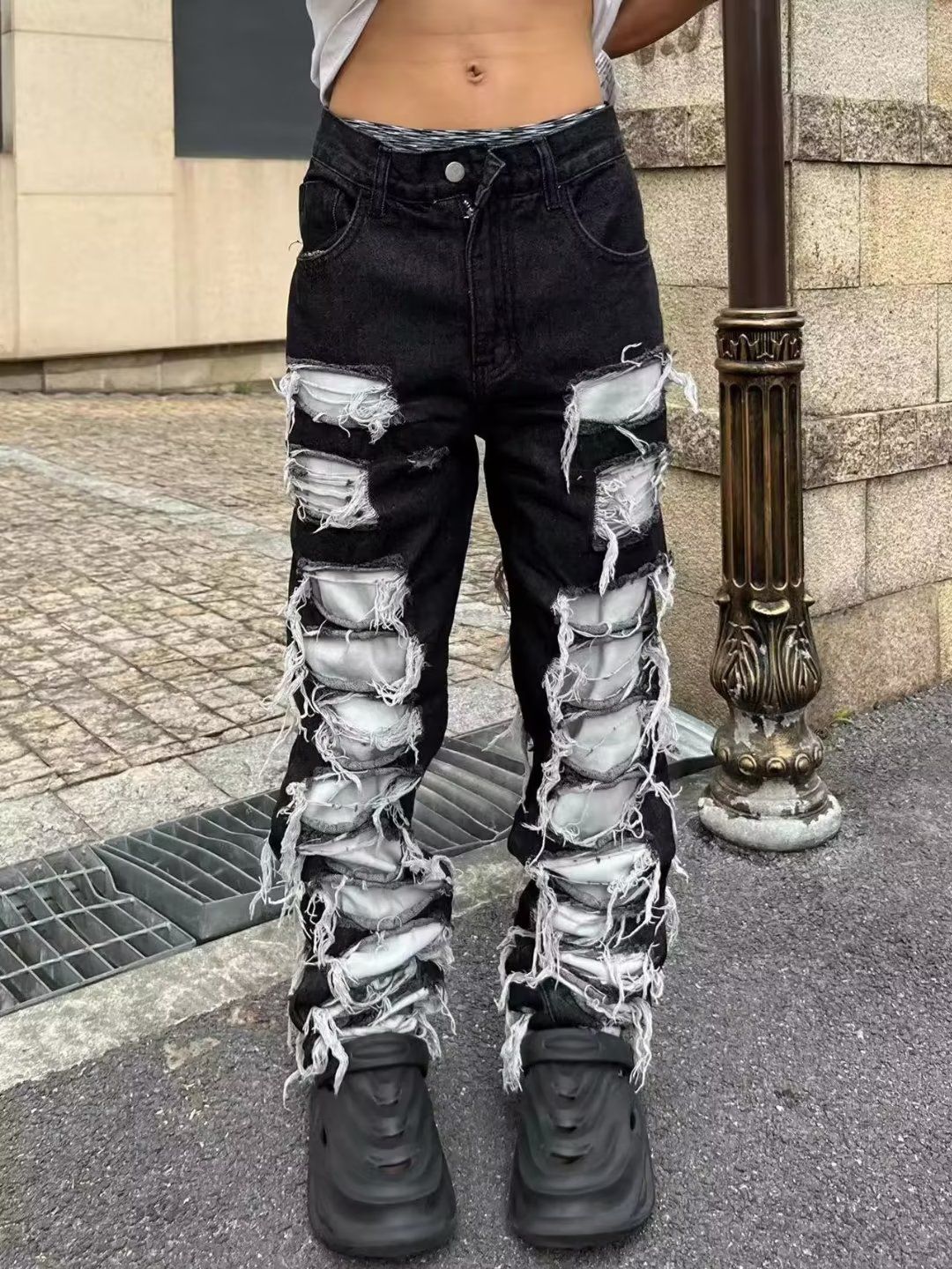 Men's Clothing Corroded Split Patch Jeans Men's High Street Loose Straight Beggar Trousers_mkmklike.com