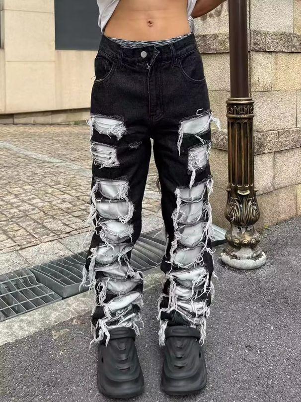 Men's Clothing Corroded Split Patch Jeans Men's High Street Loose Straight Beggar Trousers_mkmklike.com