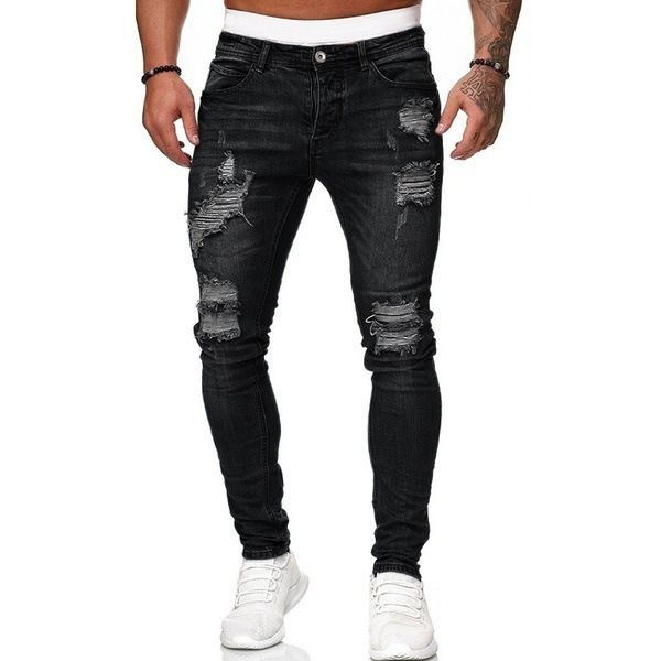 Men's Slim Fit Ripped Jeans - Stretch Comfort Denim Pants For Casual Wear (Black/Light Blue/Dark Blue)_mkmklike.com