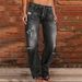 Women's Clothing Denim Trousers Trendy Distressed Mid Waist Ripped Casual Straight Leg Trousers_mkmklike.com