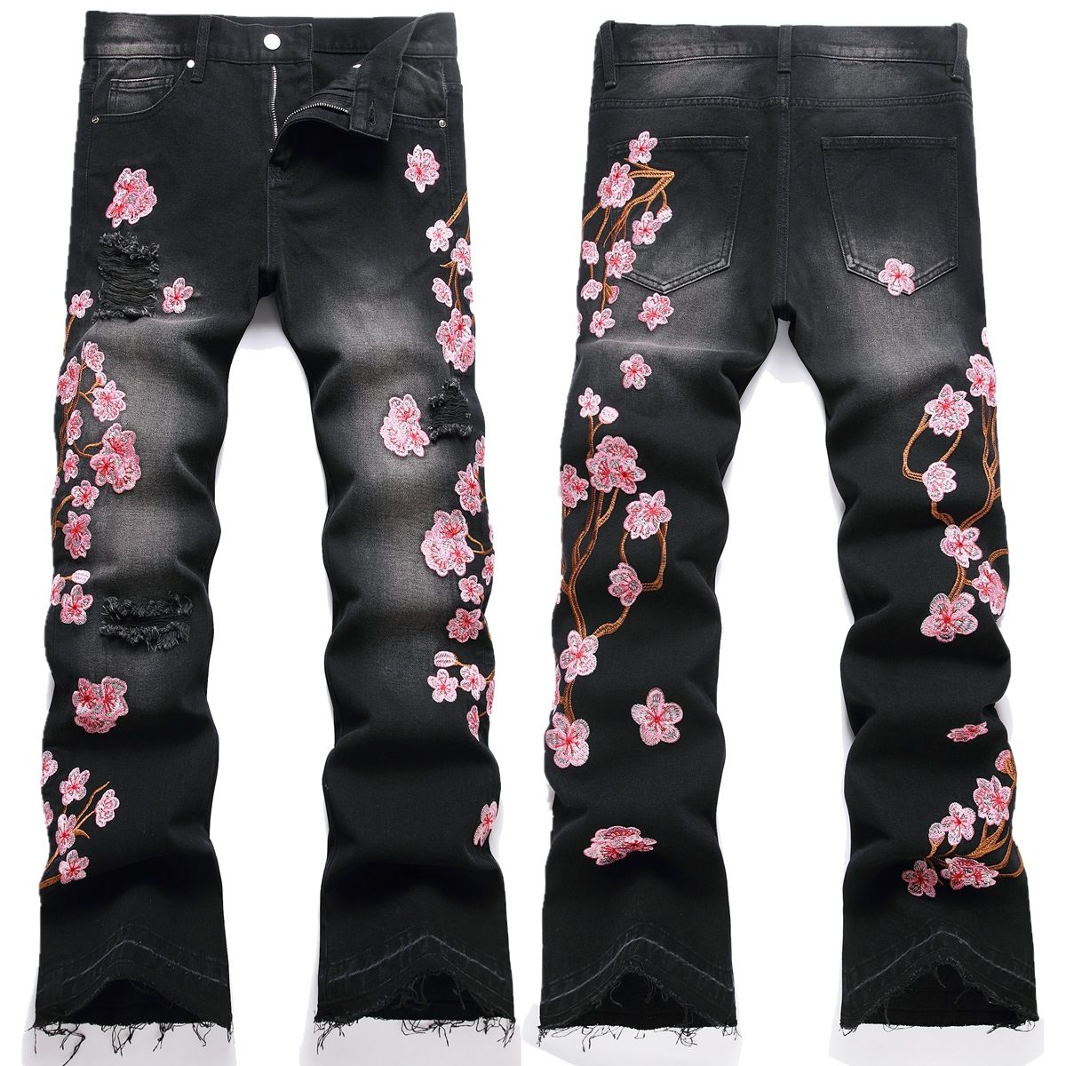 Men's Flared Denim Jeans With Embroidered Plum Blossom - Vintage Washed Streetwear Style (Sizes 28-42)_mkmklike.com
