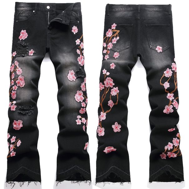 Men's Flared Denim Jeans With Embroidered Plum Blossom - Vintage Washed Streetwear Style (Sizes 28-42)_mkmklike.com