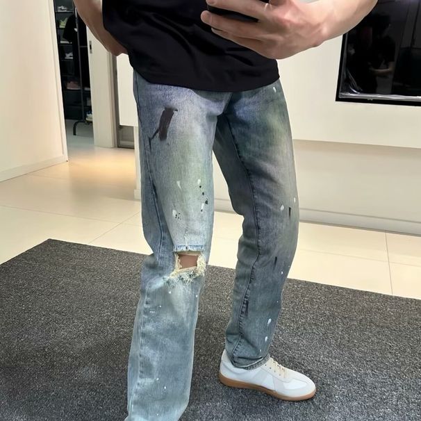 Men's Slim Fit Skinny Jeans Distressed Single Splatter Ink High Street Style Trendy Stretchy Long Pants_mkmklike.com