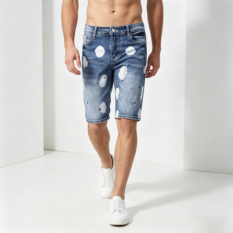 Men's Trendy Versatile Stretch Denim Shorts Summer Splatter Ink Five Point Fashion Riding Breeches_mkmklike.com