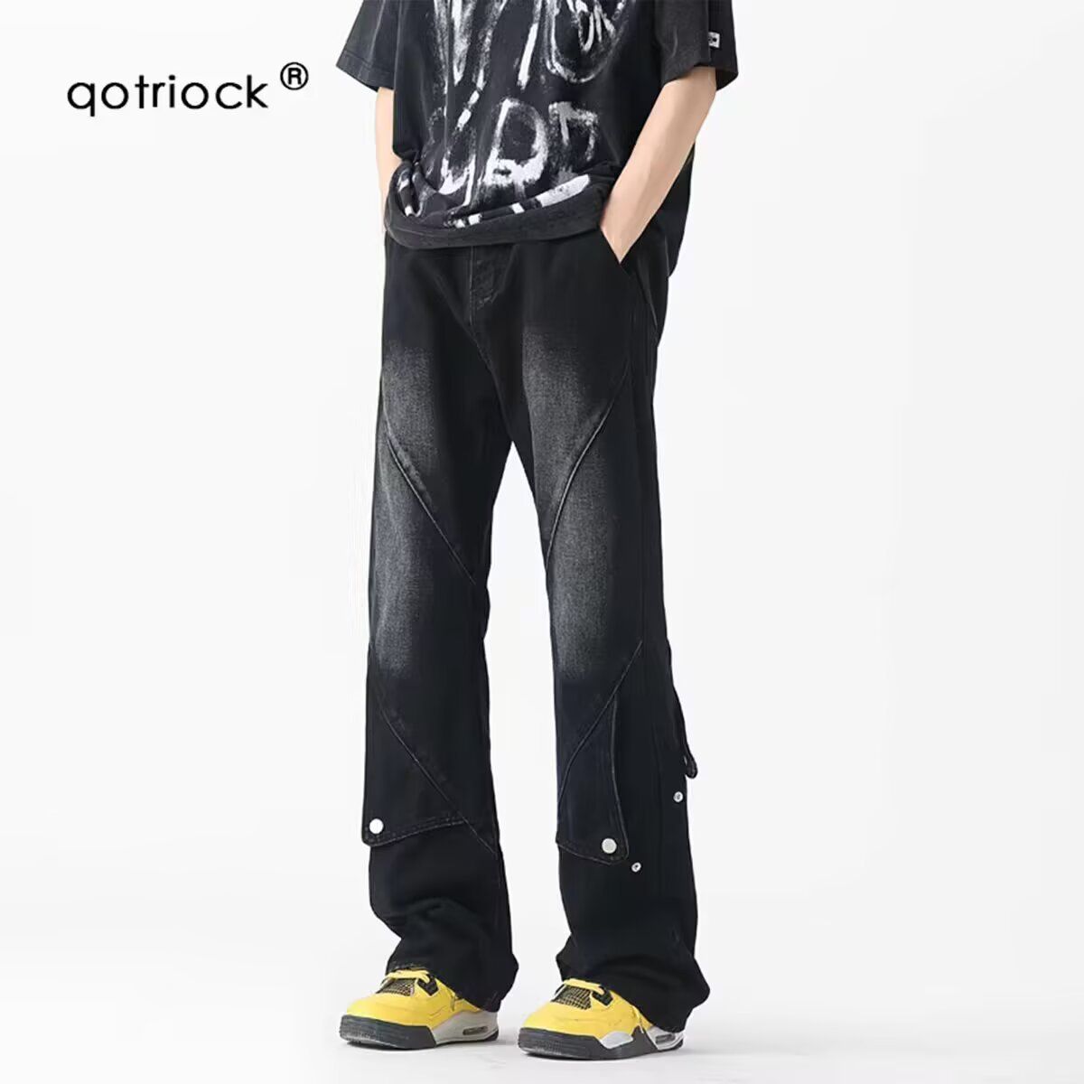 Men's Black Flared Cargo Jeans – Straight Leg Loose Fit With Patchwork Design, Streetwear Denim Pants For Urban Style_mkmklike.com