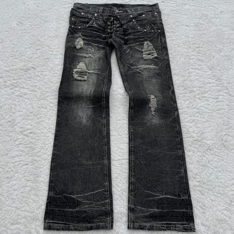 Men's Gothic Retro Flared Denim Trousers Washed Distressed Double Waist Unique Clothing Mid Waist Straight Pants Blue Long_mkmklike.com