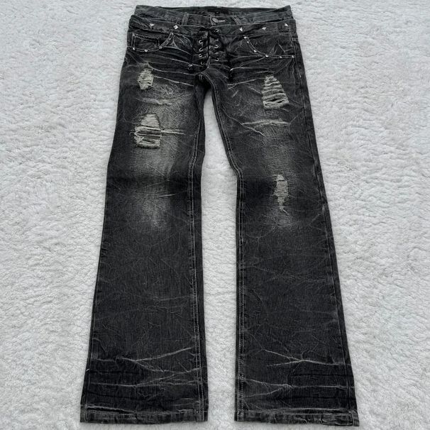Men's Gothic Retro Flared Denim Trousers Washed Distressed Double Waist Unique Clothing Mid Waist Straight Pants Blue Long_mkmklike.com