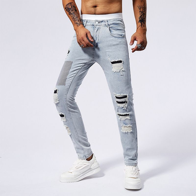 Men's Clothing Gray Fashionable Youth Jeans Patched Color Matching Ripped Small Straight Leg Slim Slightly Stretch Men's Jeans_mkmklike.com