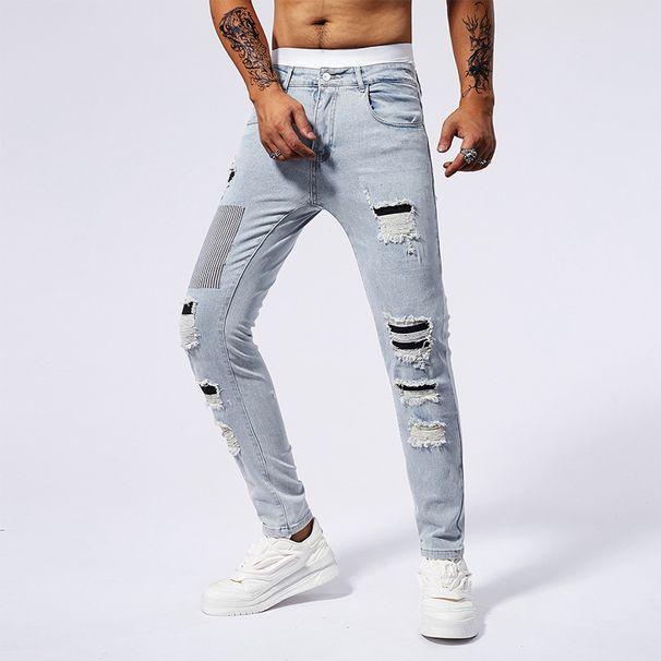 Men's Clothing Gray Fashionable Youth Jeans Patched Color Matching Ripped Small Straight Leg Slim Slightly Stretch Men's Jeans_mkmklike.com