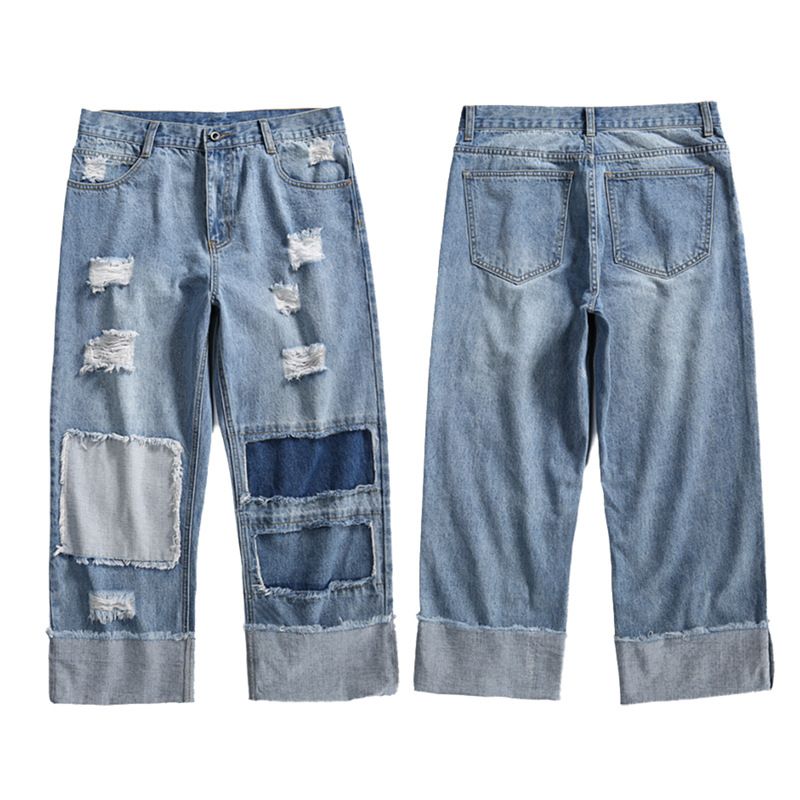 Trendy Brand Perforated Men's Jeans Loose And Straight Sleeves, Made Of Old Stickers, Beggars' Pants With Hip-Hop Edges_mkmklike.com