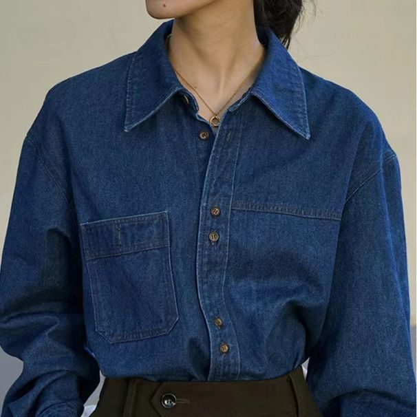 Vintage Denim Shirt Women's Casual Loose Fit Blue Chambray Top With Polo Collar, Retro Style Long Sleeve Blouse For Spring Autumn_mkmklike.com