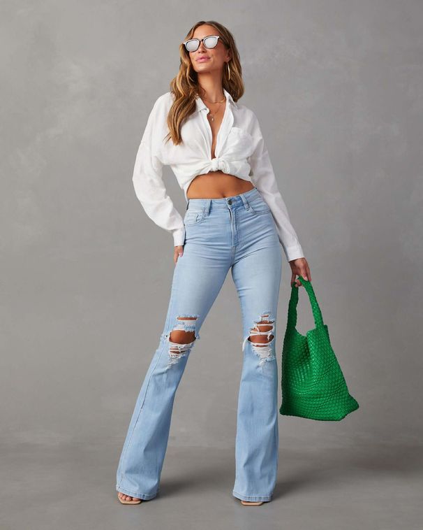 Women's Clothing Washed Hole High Waist Temperament Denim Wide Leg Pants Women_mkmklike.com