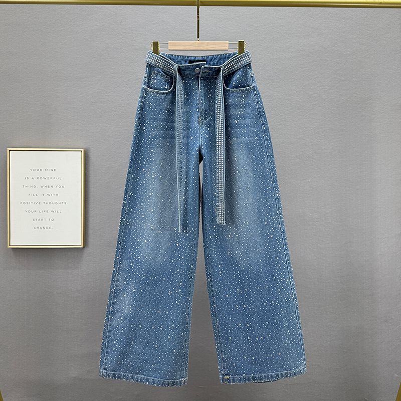 Retro Denim Jeans Rhinestone Embellished Loose Fit Heavy Duty Wide Leg Pants Spring Trend For Women_mkmklike.com