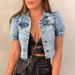 Women's Clothing Ins Style Cut Retro Ripped Puff Sleeve Small Denim Jacket Top_mkmklike.com