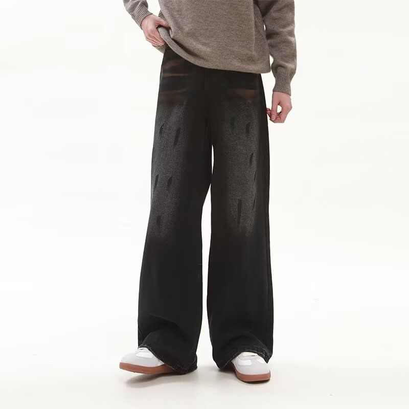 Men's Clothing Retro Dirty Wash Old Lazy Loose Jeans High Street Vibe Loose Wide Leg Pants Mopping Trousers_mkmklike.com