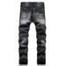 AMI Slim Fit Black Cotton Stretch Embroidered Leather Patch Distressed Star Fashion Men's Jeans_mkmklike.com
