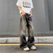 "Men's Distressed Lightning Crack Jeans – Vintage Washed Denim (Relaxed Straight Fit, Aesthetic, Casual & Trendy)"_mkmklike.com