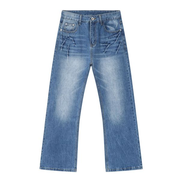 Men's Washed Flared Jeans – Lightning Crack Distressed, Loose Straight Wide Leg (Blue, S-XXL)_mkmklike.com