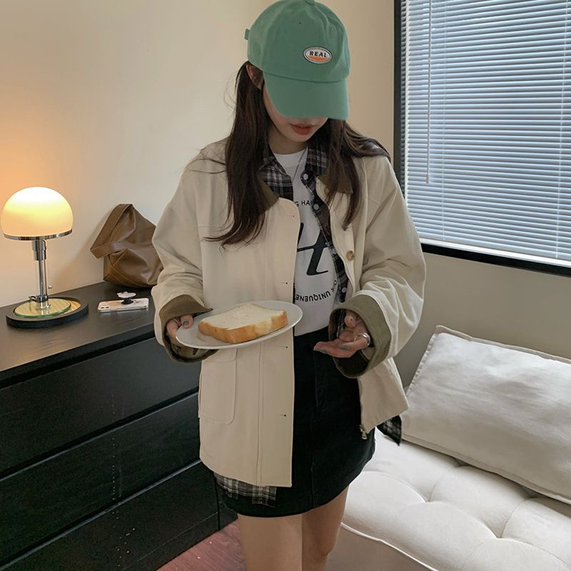 Beige Work Jacket Women, Spring/autumn 2026 New Vintage Hong Kong Style, High-end Feel, Oversized Top For Petite_mkmklike.com