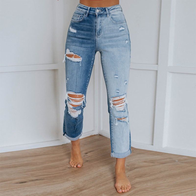 Women's Clothing Jeans Women's Washed Gradient Straight Pants_mkmklike.com