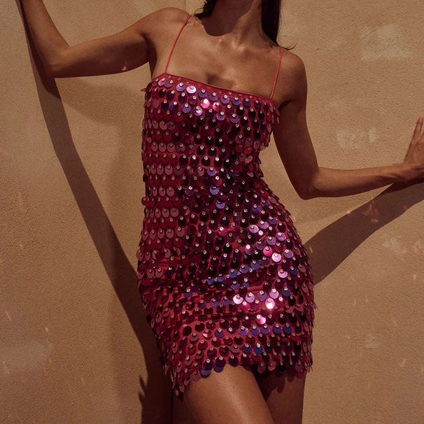 Women's Clothing style one-shoulder slim suspender skirt Polyester sequin hip skirt_mkmklike.com