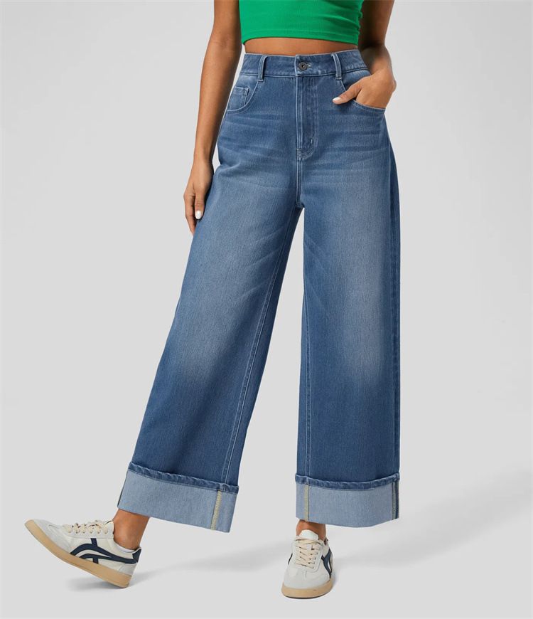 2025 Spring New European and American Cross border Fashion High waist Trousers Hem Straight Jeans Women's Casual Wide leg Pants_mkmklike.com