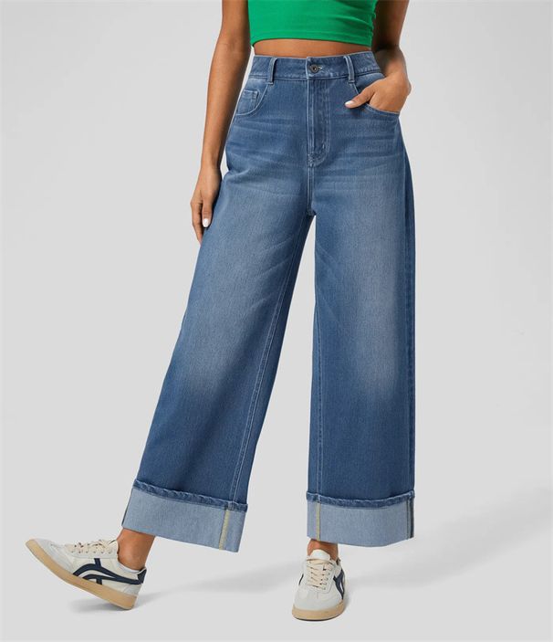 2025 Spring New European and American Cross border Fashion High waist Trousers Hem Straight Jeans Women's Casual Wide leg Pants_mkmklike.com