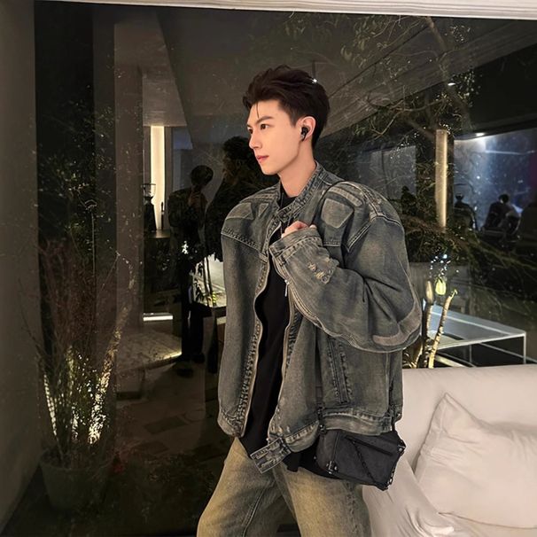 Loom Style Washed Embossed Armor Denim Trendy Brand European And American Street Hip Hop Short Stand Collar Motorcycle Jacket_mkmklike.com